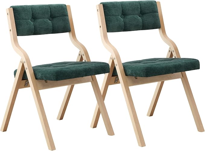 2-Pack Folding Dining Chairs with Cushion,Padded Foldable Dining Chairs,Portable Wooden Folding Chairs with Tufted Buttons Seat for Dining Rooms Kitchen Wedding and Party Indoor Green