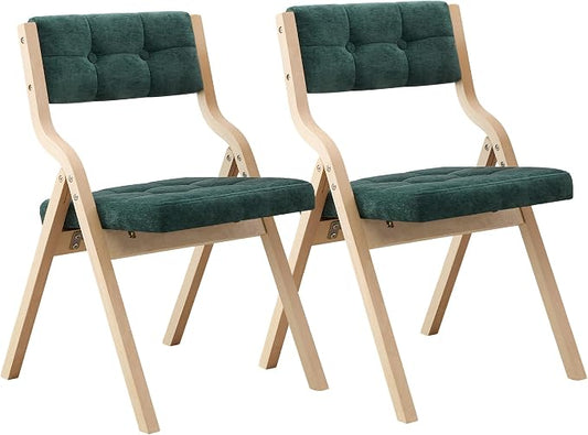 2-Pack Folding Dining Chairs with Cushion,Padded Foldable Dining Chairs,Portable Wooden Folding Chairs with Tufted Buttons Seat for Dining Rooms Kitchen Wedding and Party Indoor Green