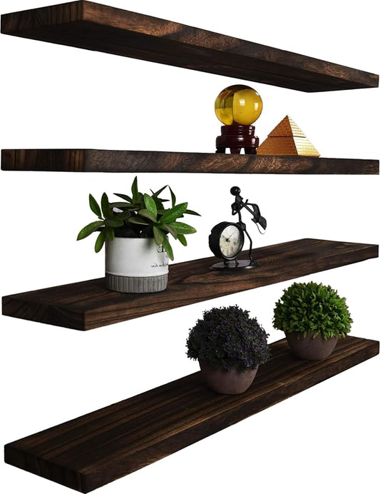 YYWUOJJ Wood Floating Shelves for Wall Decor, Rustic Wall Shelves for Bedroom Bathroom Kitchen Living Room, Set of 4 Walnut 36 Inch