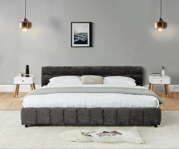 KEIKI King Thick Chenille Bed Frame with 4 Storage Drawer & Upholstered Tufted Headboard, Modern Solid Wood Floor Platform for Bedroom, No Box Spring Needed