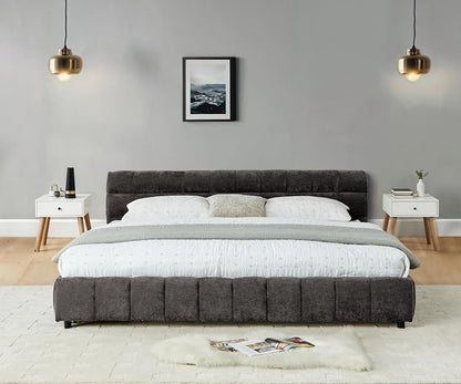 KEIKI King Thick Chenille Bed Frame with 4 Storage Drawer & Upholstered Tufted Headboard, Modern Solid Wood Floor Platform for Bedroom, No Box Spring Needed