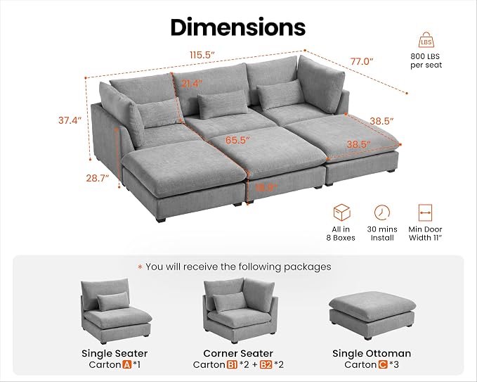115" Oversized Chenille Couch Modular Sectional Sofa, Washable Cloud Couch Sectional with 3 Ottoman, 6 Seater Sectional Couches for Living Room, Fully Cover Removable, Sleeper Sofa, Chenille, Grey