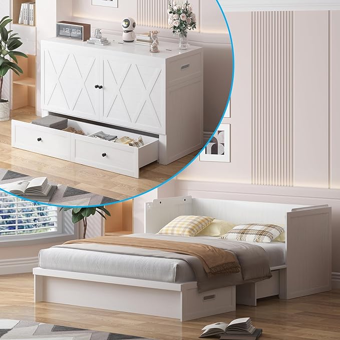 Mjkone Murphy Bed, Queen Hidden Cabinet Bed with Built-in USB Charging Station and 2 Storage Drawers, Murphy Wall Beds Cabinet Beds for Living Room, Guest Room, Apartment, White (No Mattress)