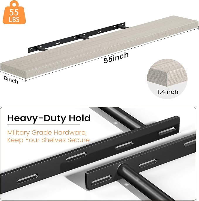 Fun Memories 55 Inch Floating Shelves - Fireplace Mantel Shelf - Deep Wall Mounted Wood Storage Shelf for Bedroom, Kitchen, Farmhouse - 1 Pack, Grey