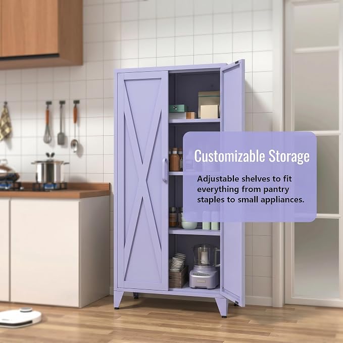 61" Tall Farmhouse Metal Pantry Cabinet with 3 Adjustable Shelves, 4-Tier Storage Organizer, 2-Door Freestanding Storage Cabinets, Easy Assembly, for Kitchen, Entryway, Home Office, Kids Room, Purple