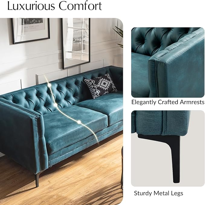 HULALA HOME 84" W Faux Leather Sofa, Mid Century Modern Couch with Metal Legs and Button Tufted, 3 Seater Contemporary Upholstered Couches for Living Room, Entertainment Area, Apartment, Blue