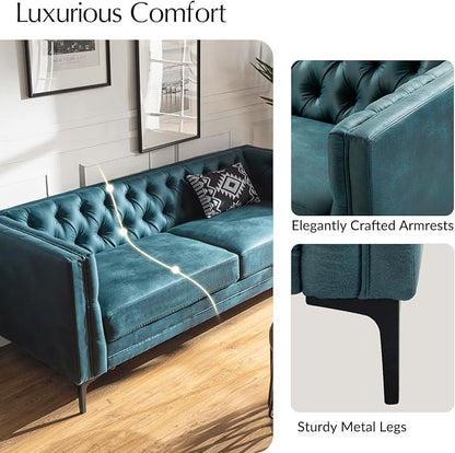 HULALA HOME 84" W Faux Leather Sofa, Mid Century Modern Couch with Metal Legs and Button Tufted, 3 Seater Contemporary Upholstered Couches for Living Room, Entertainment Area, Apartment, Blue