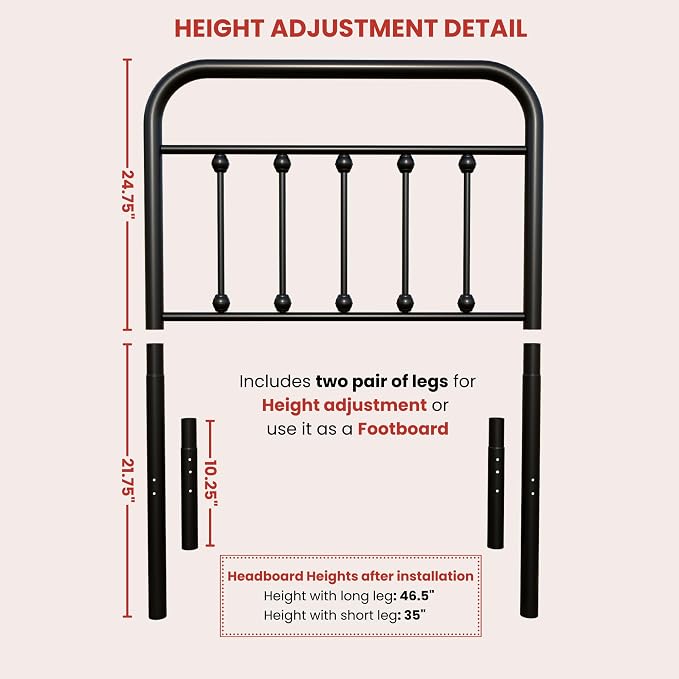 Vintage Twin Size Metal Bed Frame Height Adjustable Headboard Only, Wrought Iron Black Farmhouse Bed Frame Headboard, Easy Assembly, Short Clearance, Tall or Low Setting