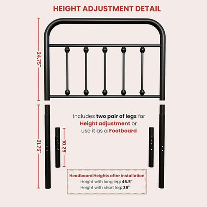 Vintage Twin Size Metal Bed Frame Height Adjustable Headboard Only, Wrought Iron Black Farmhouse Bed Frame Headboard, Easy Assembly, Short Clearance, Tall or Low Setting