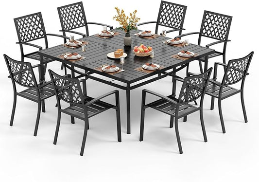 PHI VILLA 9 Piece Outdoor Dining Set for 8, 57.5" Metal Square Table with Umbrella Hole & Stackable Wrought Iron Chairs, All Weather Large Furniture Set for Patio, Deck, Backyard, Porch - Black