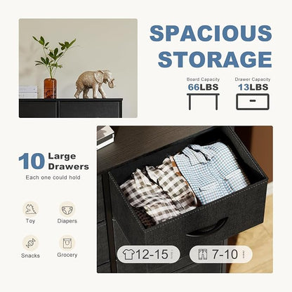 DUMOS 10 Drawer Dresser for Bedroom, Storage Organizer Chest of Drawers | Wide Fabric Closet Organizer Tower Furniture with Wooden Top Metal Frame, Dorm, Black