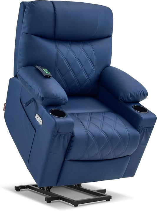 MCombo Small Power Lift Recliner Chair Sofa with Massage and Dual Heating, Adjustable Headrest for Elderly People Petite, USB Ports, Faux Leather 7111 (Blue)