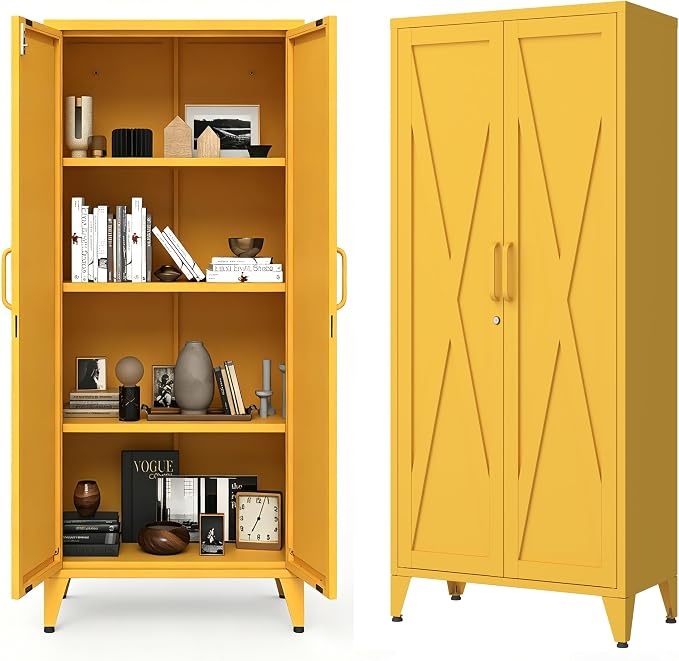 X-Shaped Door Kitchen Pantry Cabinets with Lockable and Adjustable partitions Metal Storage Cabinet 61" H Metal Pantry Cabinetfor Cupboard/Dining Room/Bathroom/Living Room/Office/Laundry Room