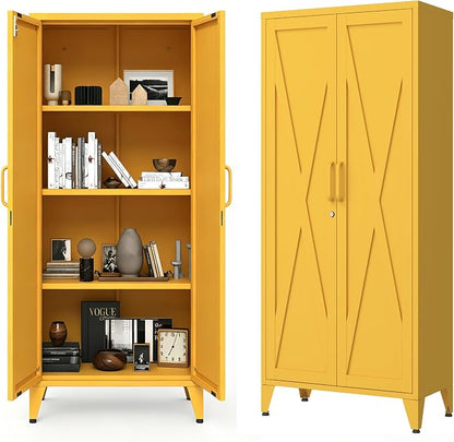 X-Shaped Door Kitchen Pantry Cabinets with Lockable and Adjustable partitions Metal Storage Cabinet 61" H Metal Pantry Cabinetfor Cupboard/Dining Room/Bathroom/Living Room/Office/Laundry Room