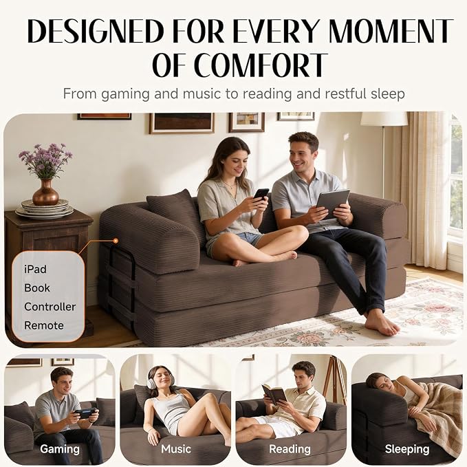 78.8" Memory Foam Boneless Couch, Corduroy Floor Sofa Bed, Convertible Sleeper Futon Loveseat, Wide Armrests & Back Support, Supports Up to 1200 lbs, Couch in a Box with 2 Pillows, Brown
