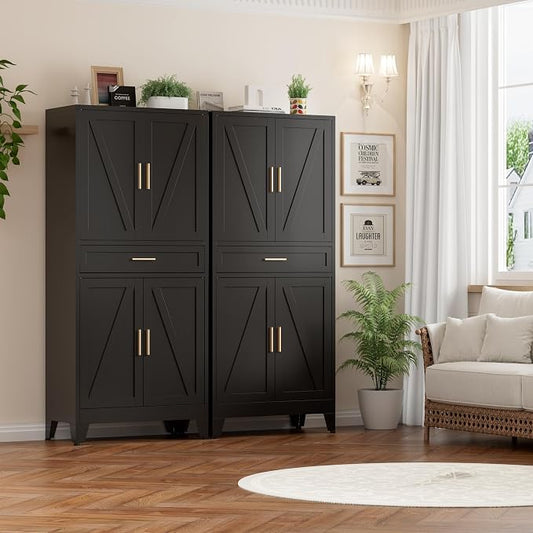 Metal Storage Cabinet with Drawer, 71" Tall Storage Cabinets with Adjustable Shelves,Black Farmhouse Freestanding Kitchen Pantry Cabinet for Dining Room, Living Room