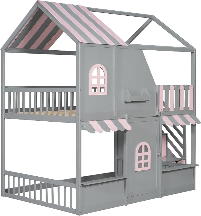 Merax Full Over Full Wood House Bunk Bed with Storage Staircase & Shelves, Floor Multifunction Bunk Bed with Full Length Gardrails for Bedroom,Playhouse Design, Roof & Door, Space Saving, Gray+Pink