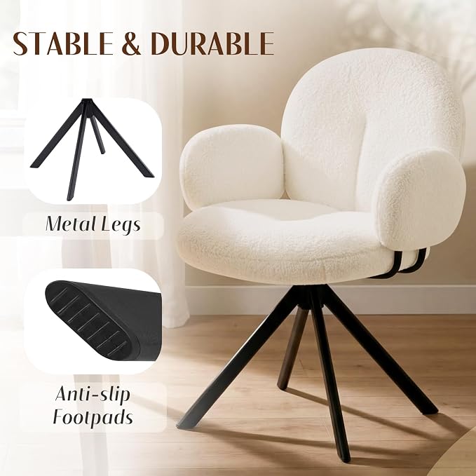 Cute Desk Chair No Wheels Set of 2, 360° Swivel Accent Chairs with Arms, Modern Upholstered Dining Room Chairs with Tufted Cushion, Accent Chairs for Home Office/Bedroom/Kitchen, Teddy Sherpa, Beige