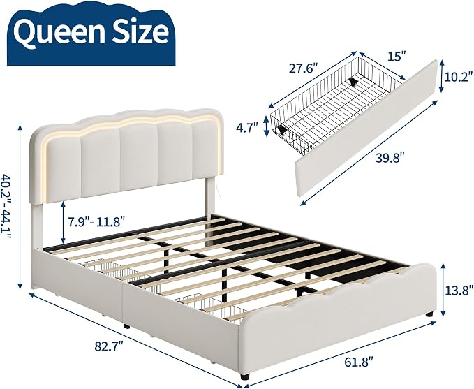 Garvee Queen Size Bed Frame with 2 Storage Drawers and LED Lights, Upholstered Platform Queen Bed with Adjustable Headboard, Wooden Slats Support, No Box Spring Needed, Easy Assembly, White