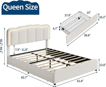 Garvee Queen Size Bed Frame with 2 Storage Drawers and LED Lights, Upholstered Platform Queen Bed with Adjustable Headboard, Wooden Slats Support, No Box Spring Needed, Easy Assembly, White