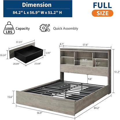 GarveeHome Full Size Bed Frame with High Storage Bookcase Headboard, Wood Bed Frame with 4 Storage Drawers, Built in Charging Station, No Box Spring Needed, Metal Frame, Noise-Free, Grey
