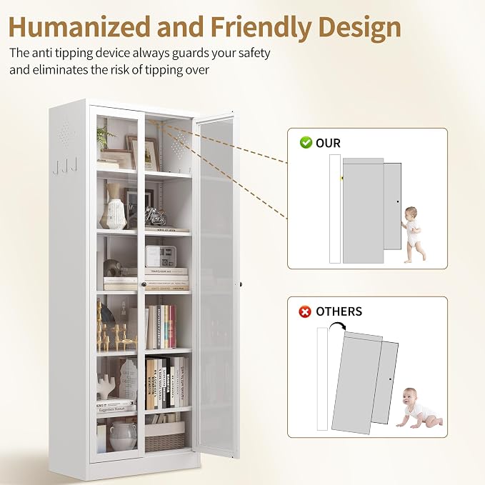 Kitchen Pantry Cabinet, 72" H Storage Cabinet with Glass Doors and Adjustable Shelves, Spacious Cupboard with Round Handles, Metal Kitchen Cabinet for Dining Room, Living Room, White