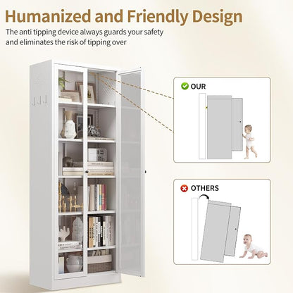 Kitchen Pantry Cabinet, 72" H Storage Cabinet with Glass Doors and Adjustable Shelves, Spacious Cupboard with Round Handles, Metal Kitchen Cabinet for Dining Room, Living Room, White