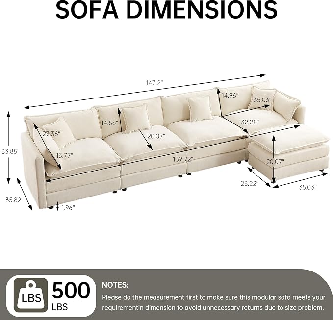 Modular Sectional Sofa, 147.2 Inch L Shaped Couch Set with Armrests, 4-Seater Comfy Cloud Couches with Movable Ottoman for Living Room Apartment, Beige