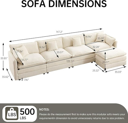 Modular Sectional Sofa, 147.2 Inch L Shaped Couch Set with Armrests, 4-Seater Comfy Cloud Couches with Movable Ottoman for Living Room Apartment, Beige