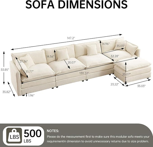 Modular Sectional Sofa, 147.2 Inch L Shaped Couch Set with Armrests, 4-Seater Comfy Cloud Couches with Movable Ottoman for Living Room Apartment, Beige