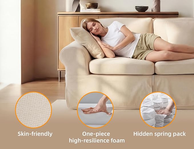Mistpeople Modern Loveseat Sofa Couch, Upholstered Comfy Sofa with Pillows & Armrests, Deep Seating Couch with Removable Cover for Living Room Bedroom Apartment Office Small Spaces, Beige 3 Seats