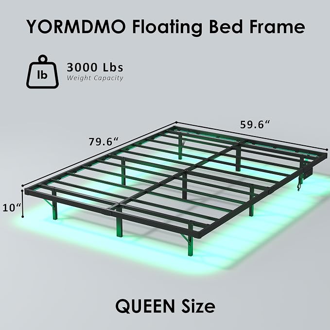 YORMDMO Floating Bed Frame Queen Size, Heavy Duty Bedframe with Smart LED Lights & Charging Station, Modern Metal Platform Bed, Easy Assembly No Box Spring Needed, 10 Inch