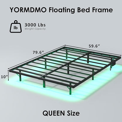 YORMDMO Floating Bed Frame Queen Size, Heavy Duty Bedframe with Smart LED Lights & Charging Station, Modern Metal Platform Bed, Easy Assembly No Box Spring Needed, 10 Inch
