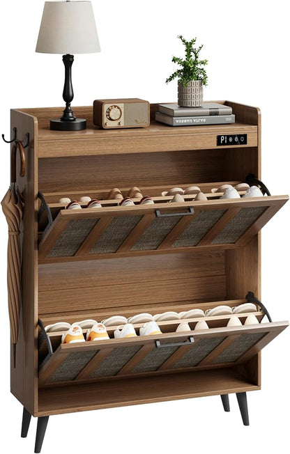ChooChoo Shoe Storage Cabinet with 2 Flip Drawers, Deodorizing Shoe Organizer Storage for Entryway, Freestanding Hidden Slim Narrow Shoe Rack Cabinet, Rustic Oak