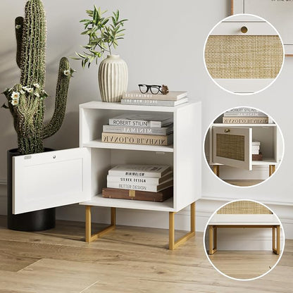 Masupu Extra Large Rattan Nightstand,Boho Night Stand Modern Farmhouse Wood Bedside Table with Storage Drawer and Open Shelf,Side End Table for Bedroom,Living Room,Office White