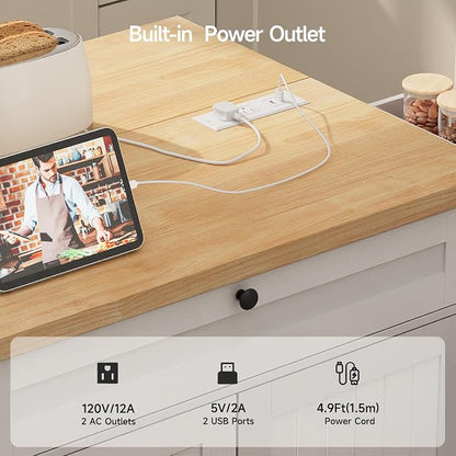 ComfyCorner 60" Rolling Large Kitchen Island on Wheels with Extendable Table, Drop Leaf & Power Outlet, Mobile Kitchen Cart with Storage Cabinet, 2 Drawers, Spice Rack, Towel & Knife Holder, White