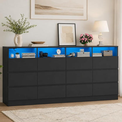Gyfimoie 63" Wide 6-Drawer Black Dresser with Divided Compartments, Charging Station & LED Lights, TV Stand for TVs up to 75", Large Organizer with 4 Open Cubbies