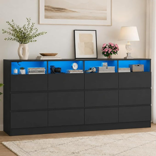 Gyfimoie 63" Wide 6-Drawer Black Dresser with Divided Compartments, Charging Station & LED Lights, TV Stand for TVs up to 75", Large Organizer with 4 Open Cubbies