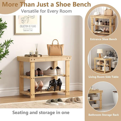 Sweetcrispy 3-Tier Shoe Rack Bench for Entryway, 19 Inches, Wood | Bamboo Shoe Storage Bench, Shoes Rack for Entrance, Bedroom, Living Room, Balcony, 4 Pairs