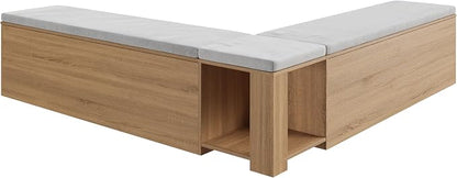 Bobve L-Shape Storage Bench with Cushion, Backless Corner Dining Bench, Kitchen Dining Nook Bench with Hidden Storage for Dining Room, Kitchen, Entryway (Wood+White)