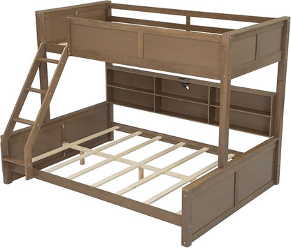 RUNNA Full XL Over Queen Bunk Bed with Storage,USB,Wood | Full XL over queen bunk bed with storage cabinets, USB, solid pine wood, guardrails, no box spring needed, natural wood