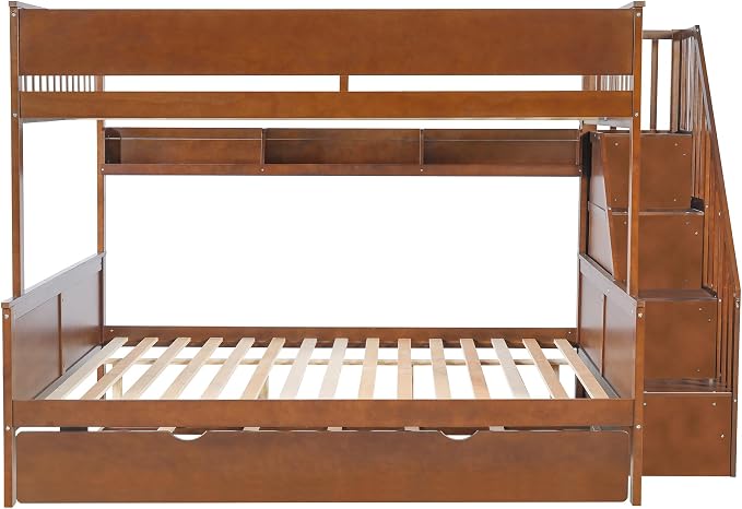 Modern Bunk Bed Full XL Over Queen Size with Storage Shelves and Staircase, Solid Wood Bunk Bed Frame with Trundle and LED Light for Kids Teens Adults (Walnut-3.9)