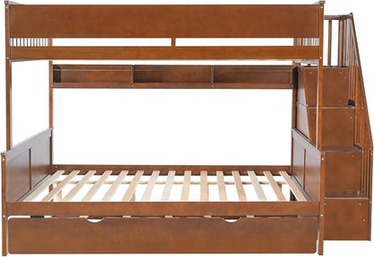 Modern Bunk Bed Full XL Over Queen Size with Storage Shelves and Staircase, Solid Wood Bunk Bed Frame with Trundle and LED Light for Kids Teens Adults (Walnut-3.9)