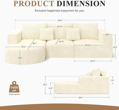 L-Shaped Boneless Couch,104" Couches for Living Room with Curved Chaise,Modular Sectional Sofa with Deep Seat,Modern Cozy Cloud Compression Sofas,No Assembly Required(Beige) 1PCS
