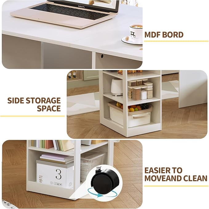 58" Office Desk with Pull Out Table on Hidden Wheels, Computer Desk with 3-Tier Open Shelves, Folding Desks for Small Spaces, as Kitchen Island, Bar(White)