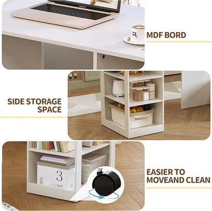 58" Office Desk with Pull Out Table on Hidden Wheels, Computer Desk with 3-Tier Open Shelves, Folding Desks for Small Spaces, as Kitchen Island, Bar(White)