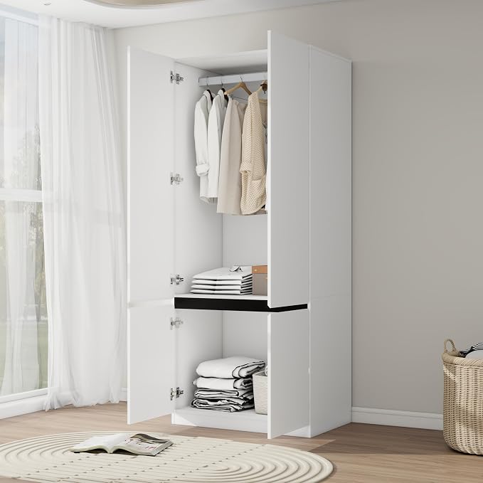 Bedroom Armoire Wardrobe Closet with 2 Doors: 75" White Wardrobe Cabinet for Clothes, Wooden Closet with Hanging Rod, Modern Armoire with Shelves (1)