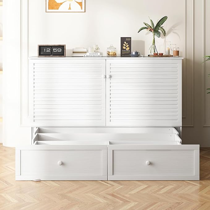 ijuicy Queen Cube Murphy Bed, Charge & Storage, Includes Mattress，White | Space-saving hideaway foldable design, practical temporary sleeping bed for guest room & small space use