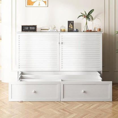 ijuicy Queen Cube Murphy Bed, Charge & Storage, Includes Mattress，White | Space-saving hideaway foldable design, practical temporary sleeping bed for guest room & small space use