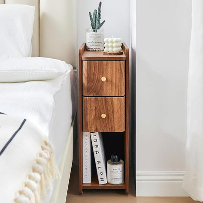 Narrow End Table Bedroom, Wooden Small 2 Drawer Nightstand, Thin Couch Side End Table, Skinny Bedside Table Small Spaces, Mid Century Modern Night Stand with Drawers (Walnut-1 pc)